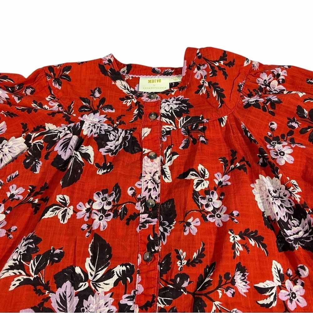 Maeve Anthropologie Top Womens Medium Red Cotton Floral Blouse Button Up - Picture 7 of 9